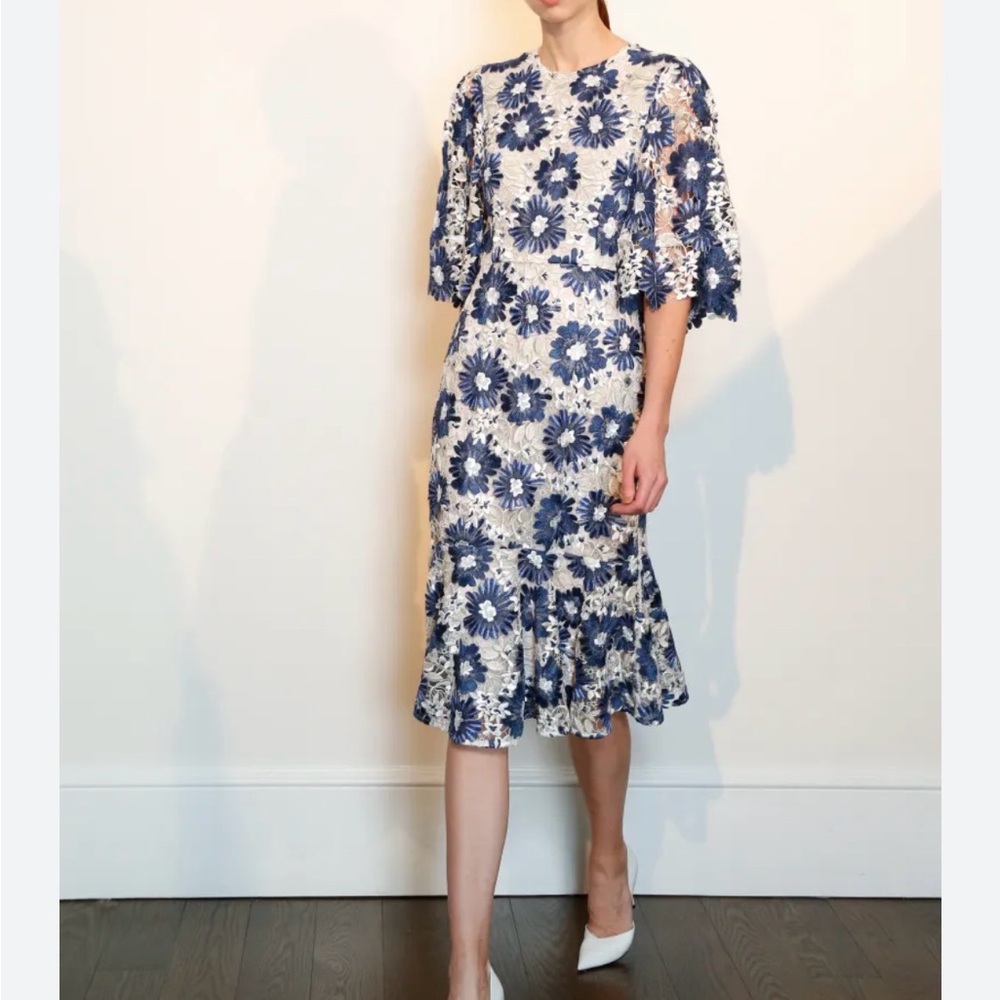 Co brand Floral Lace Midi Dress in Blue White and Silver
